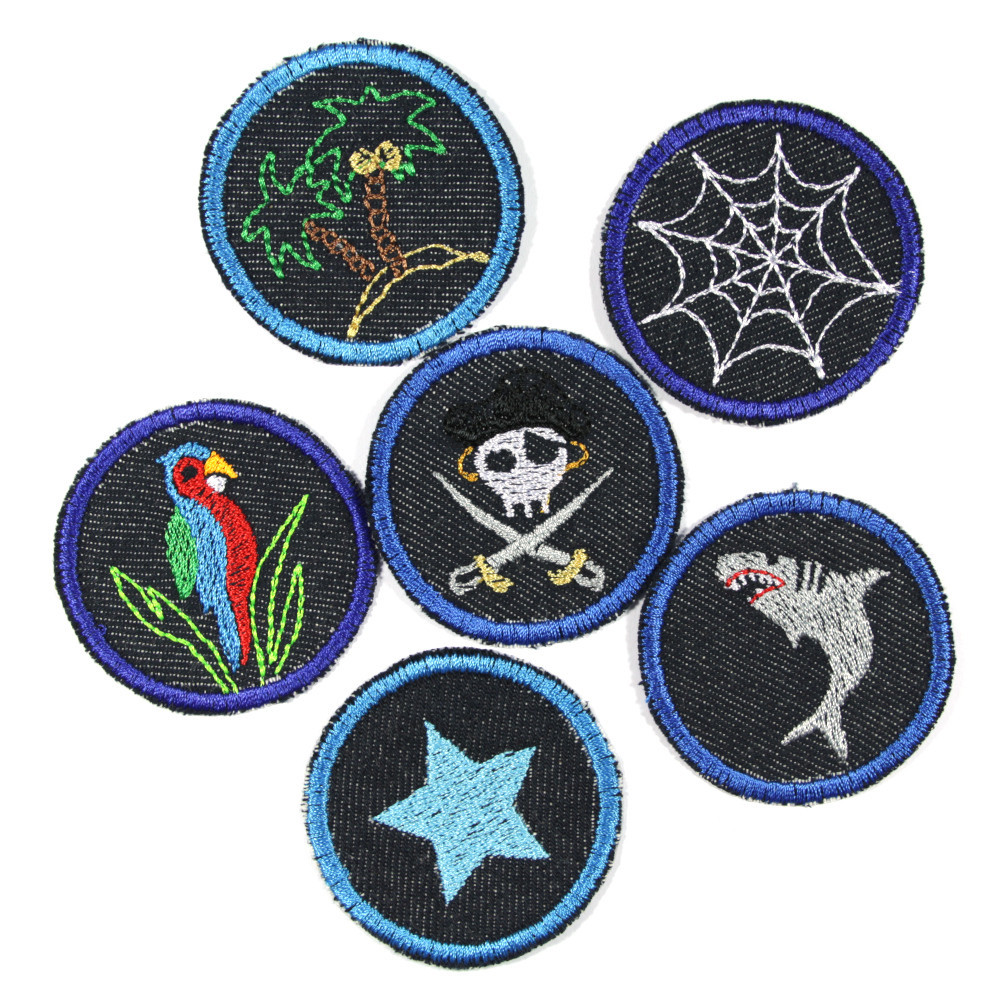 Hosenflicken für Kinder Pirat Hai Papagei Spinnennetz Insel mit Palme und Stern auf Jeans blau rund klein Bügelflicken