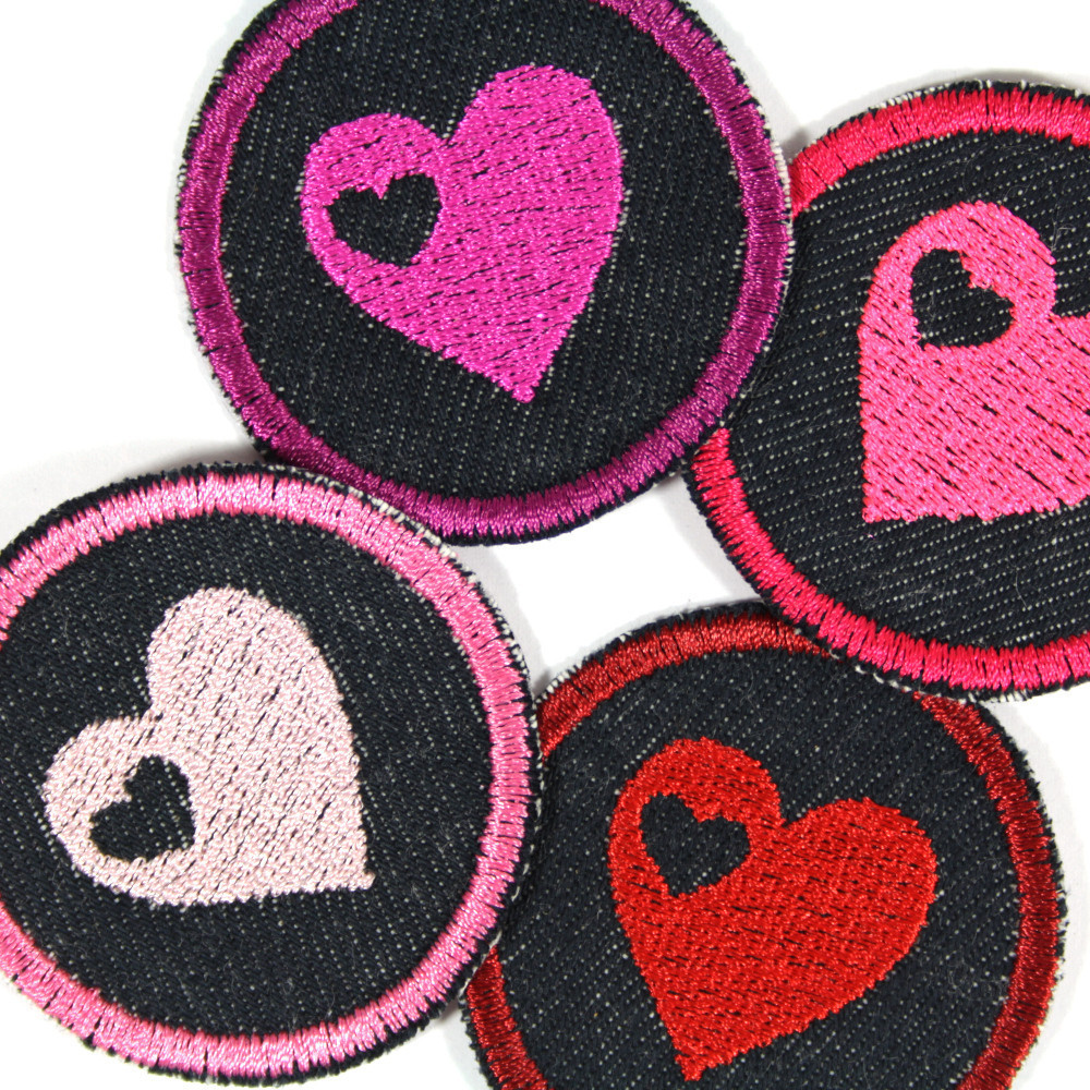 Bügelbilder Herz Set 4 Flicken Herzchen Aufbügler kleine Bügelflicken rund mit Herzchen Bio Jeansflicken Patches Hosenflicken