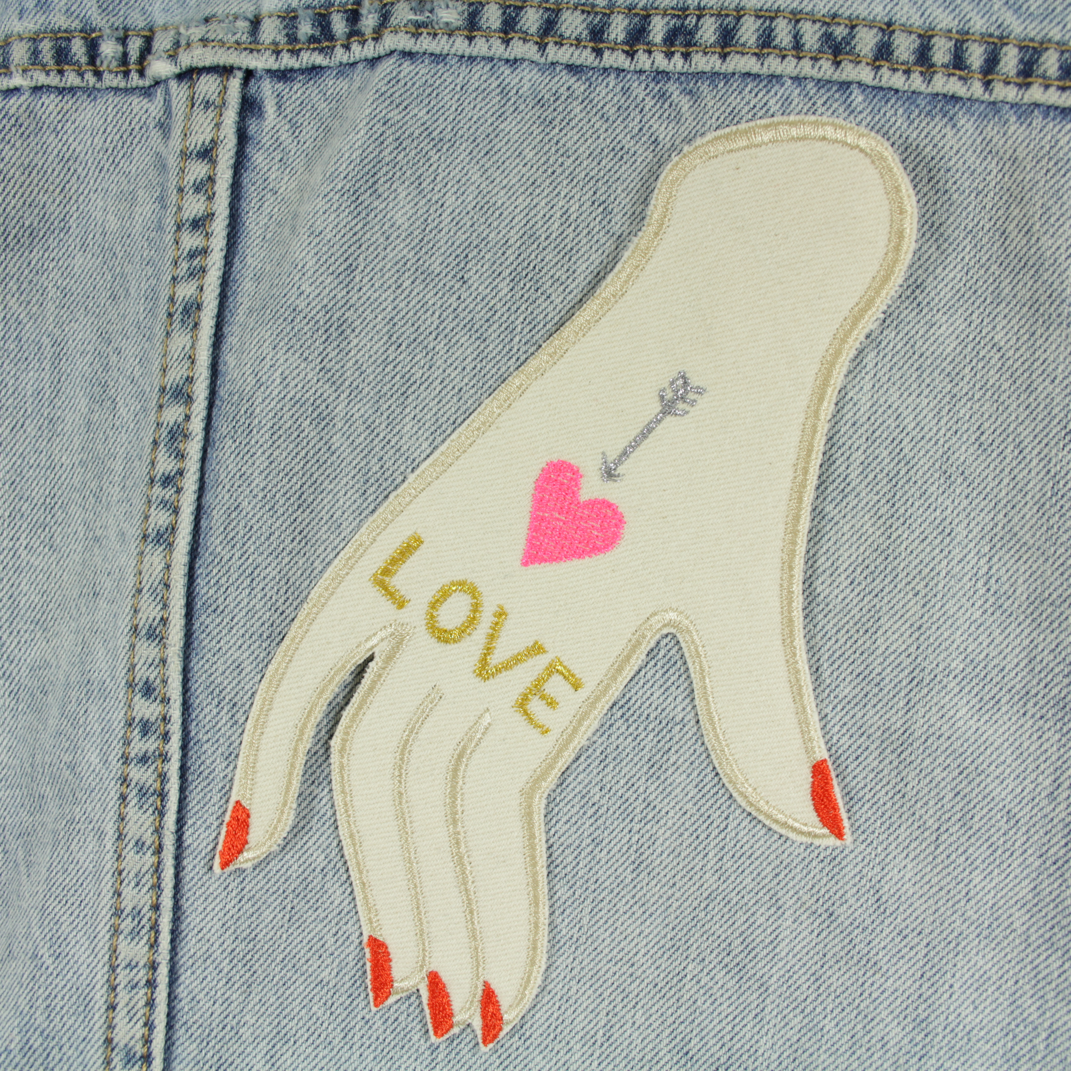 Patch hand "LOVE" large iron-on image gold embroidered on organic canvas for adults