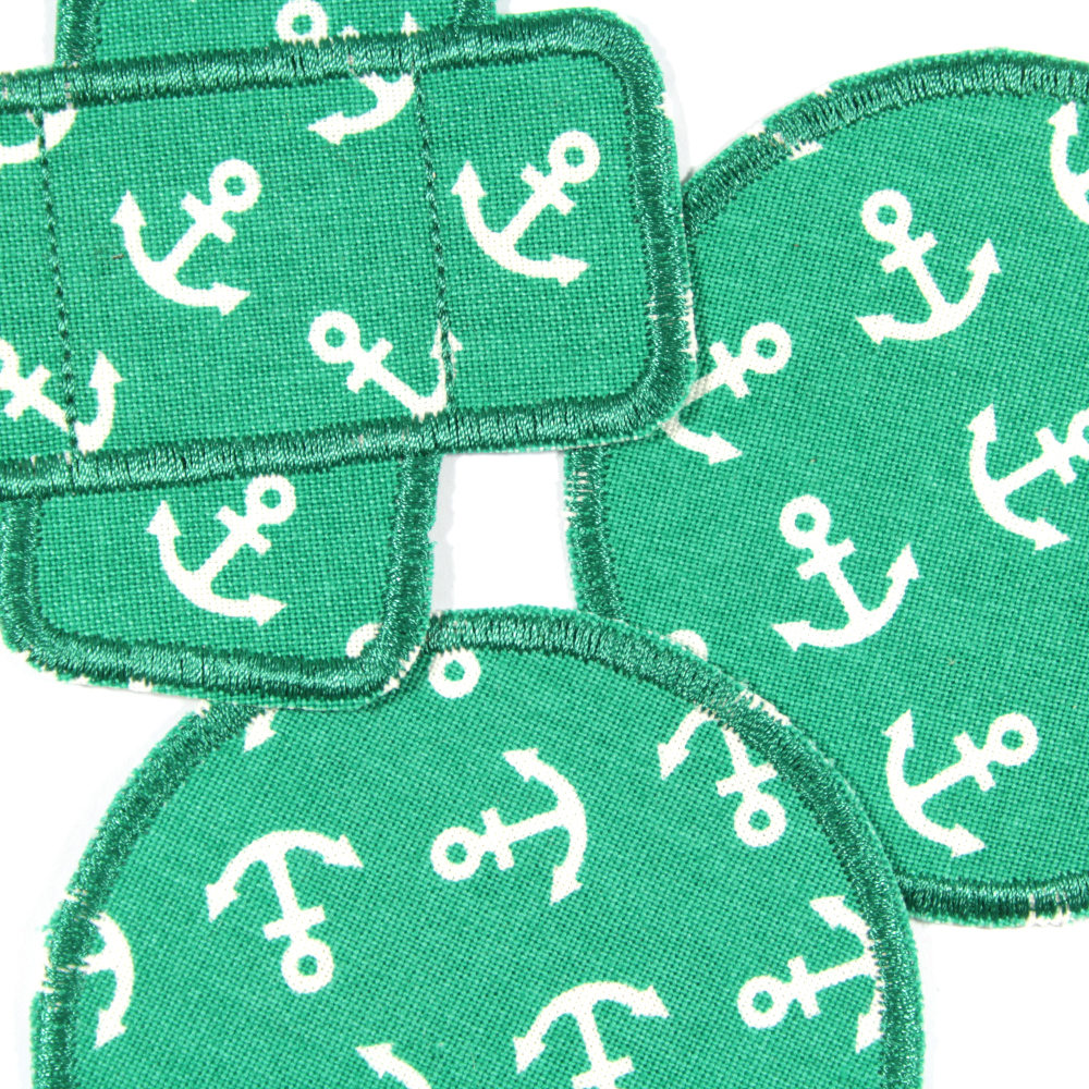 Iron-on patches white anchors on green 3 patches - 2 round trouser patches 1 plaster iron-on knee patches
