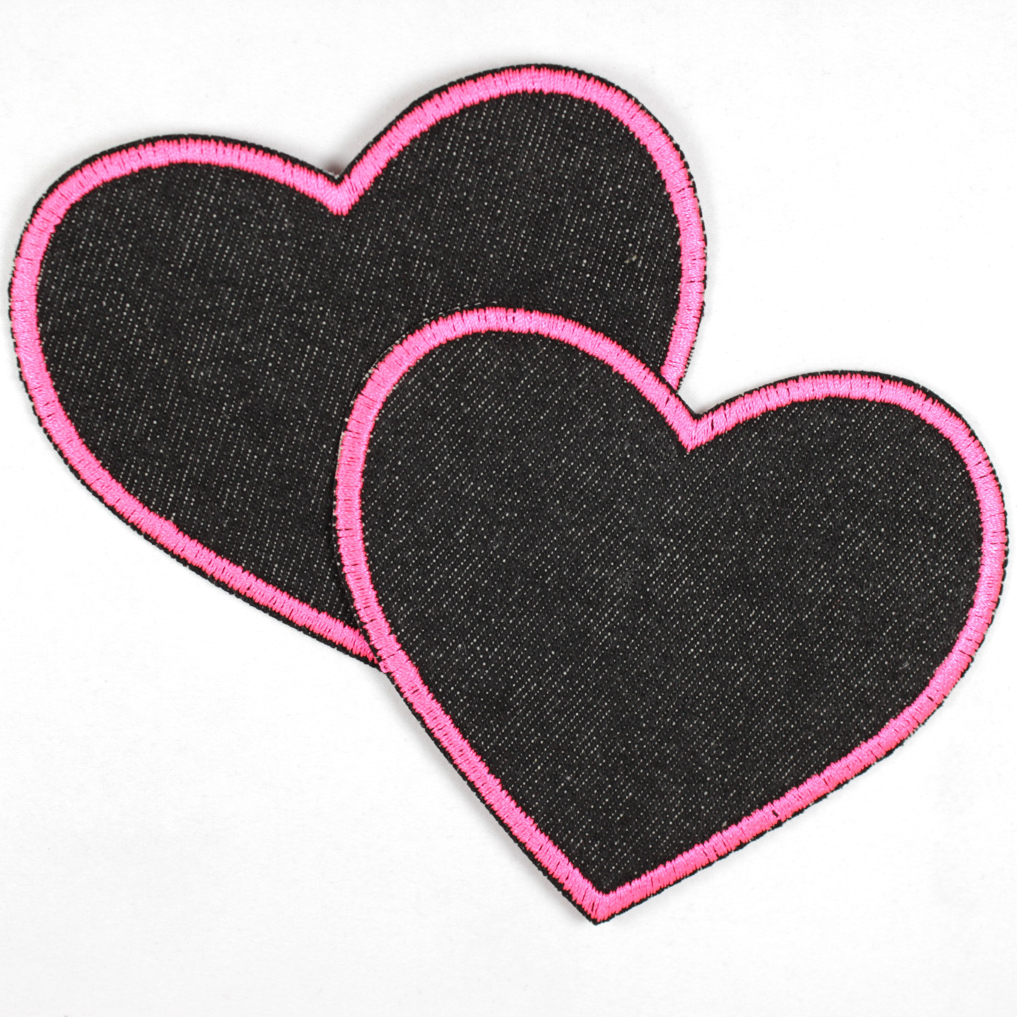 2 Flicken zum aufbügeln Herz Jeansflicken schwarz Aufbügler mit Rand in neon pink