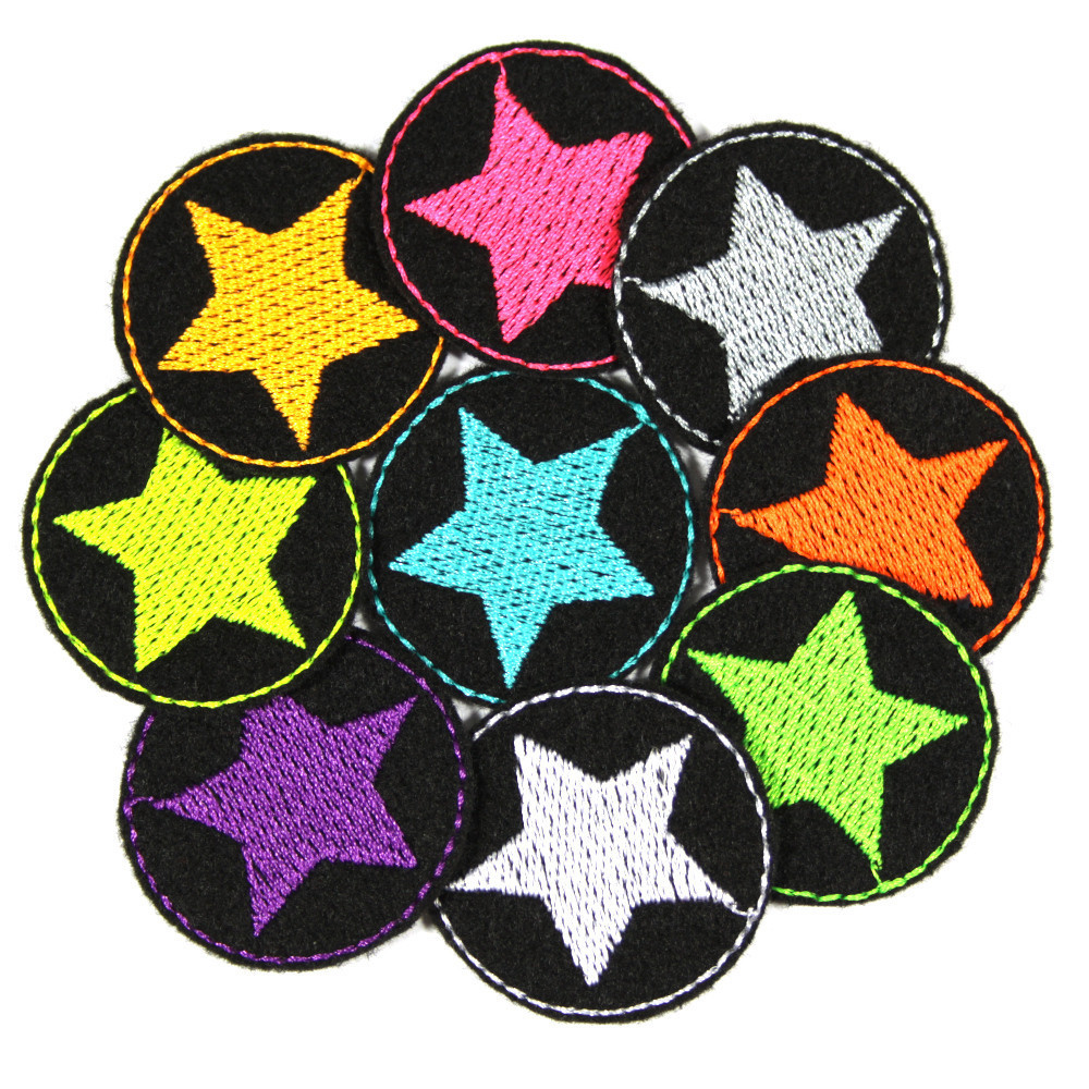 Bügelflicken Stern Set 9 mini Flicken Neon Sterne auf schwarz Aufbügler bunte kleine Patches Hosenflicken