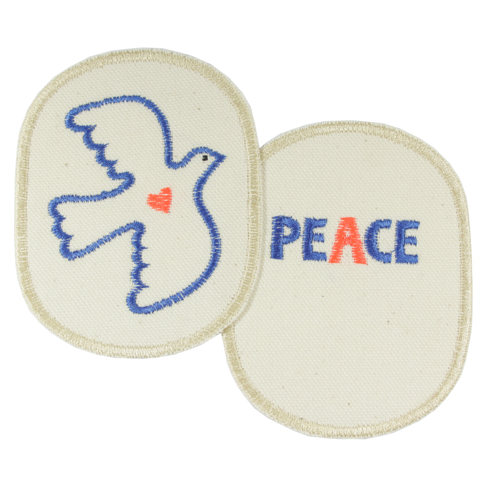 Flicken creme bestickt mit Friedenstaube und Peace 2 Bügelflicken Knieflicken Hosenflicken Bio Baumwolle Aufbügler