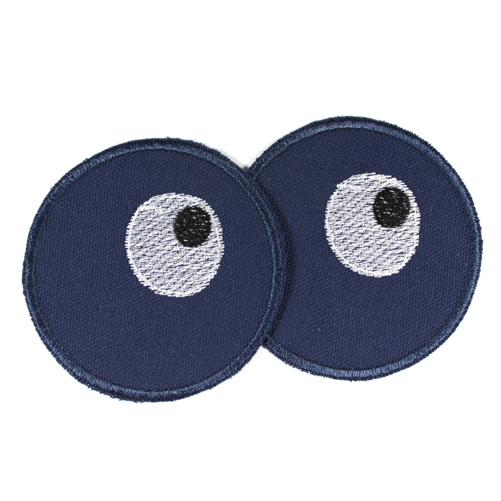 Flicken Set Augen gestickt auf blauer Bio Baumwolle - 2 runde Hosenflicken Aufbügler Knieflicken
