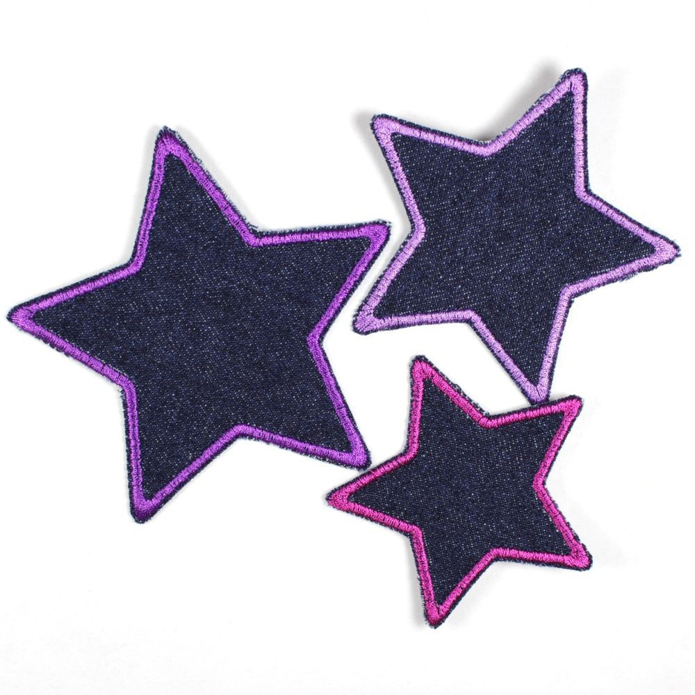 Set mit drei Bügelflicken Jeans in Sternform lila und violett umrandet, 7 cm, 8cm und 10cm