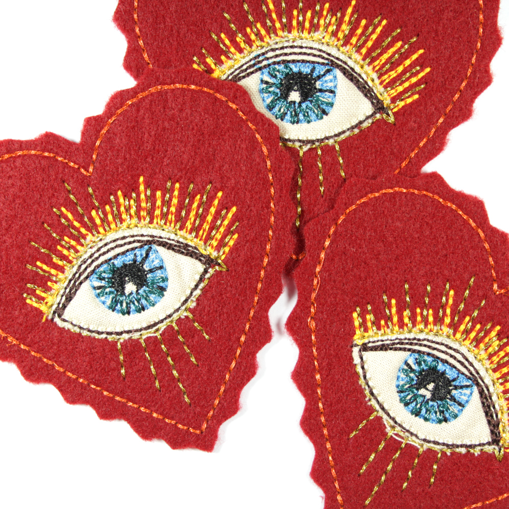 Herz mit Auge glitzer Bügelbild metallic Accessoire Patch Bügelflicken edel für Erwachsene