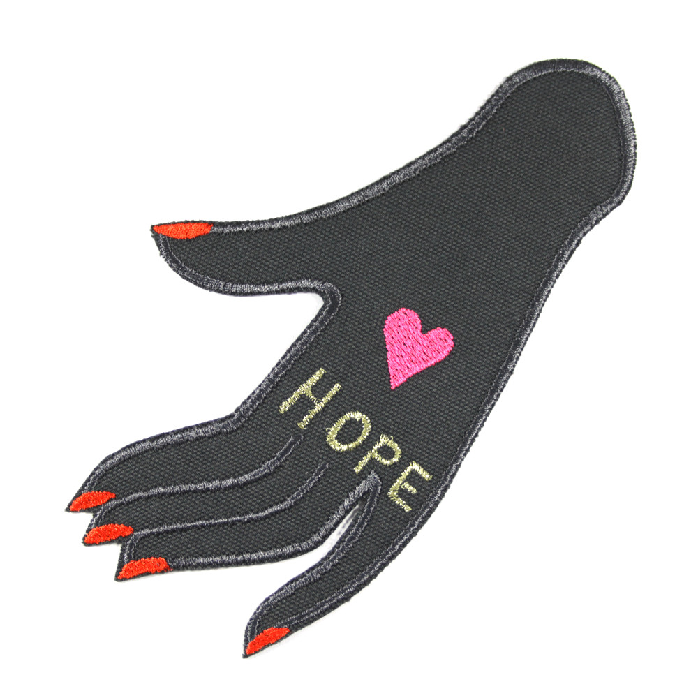 Patch hand "HOPE" large iron-on image gold and neon pink embroidered on anthracite organic canvas for adults