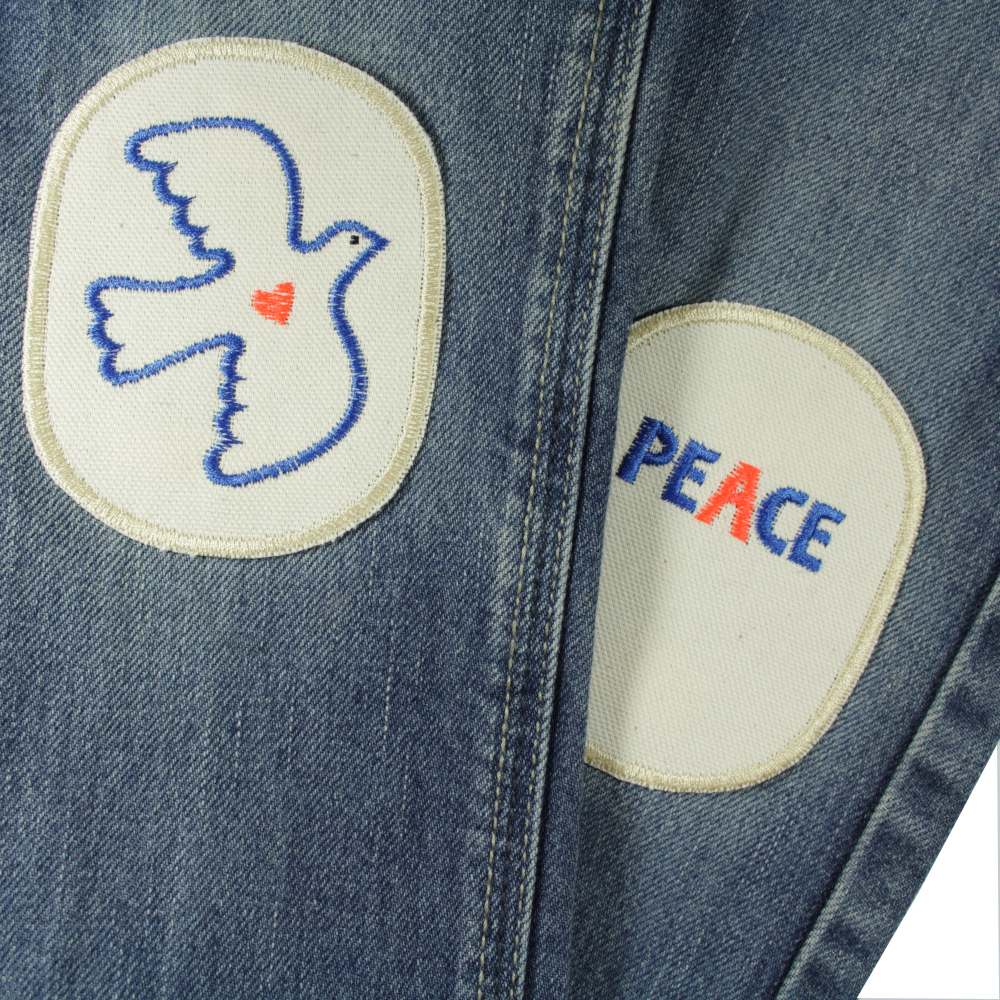 Patches cream embroidered with peace dove and peace 2 iron-on patches knee patches trouser patches organic cotton iron-ons