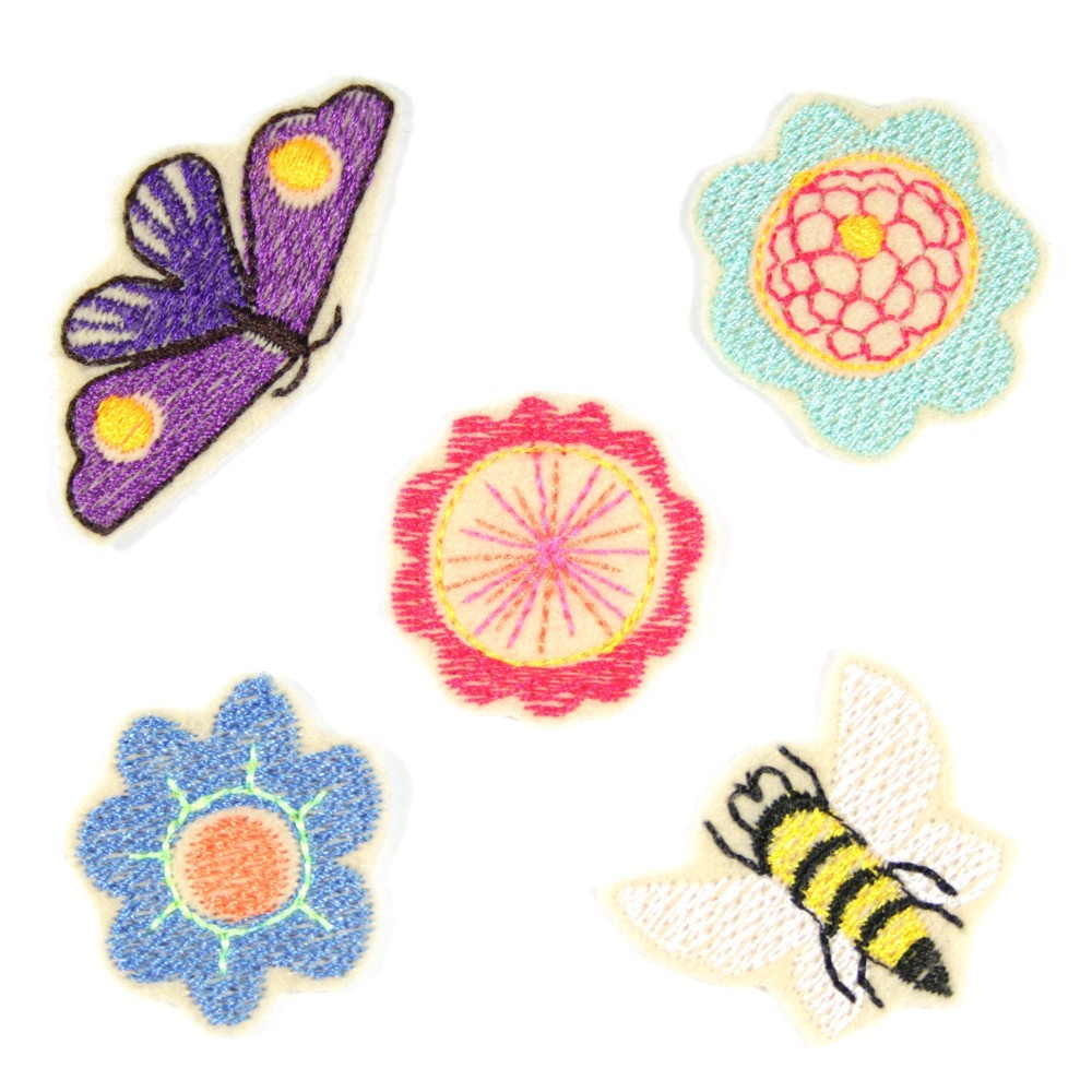 Schmetterling, Biene und 3 bunte Blumen als kleine Aufbügler für Kinder im Set