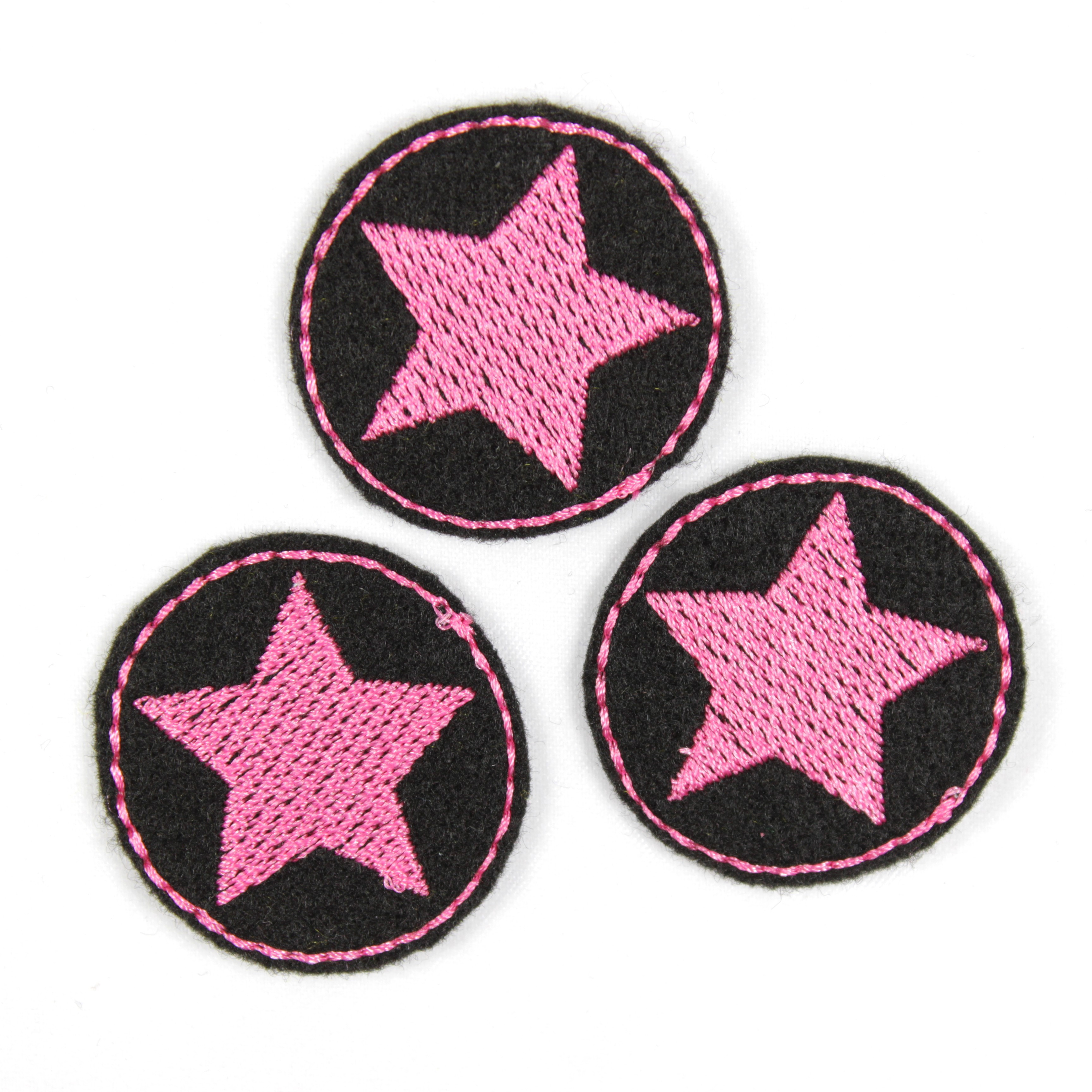 3 kleine Flicken zum aufbügeln schwarz Bügelflicken rund Aufbügler bestickt mit Stern rosa
