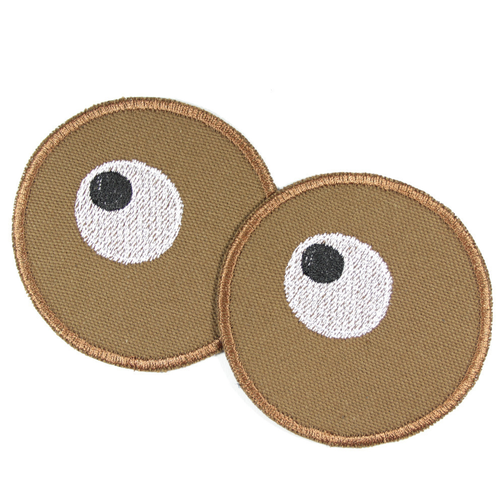 2 runde Bügelflicken mit Augen gestickt auf brauner Bio Baumwolle