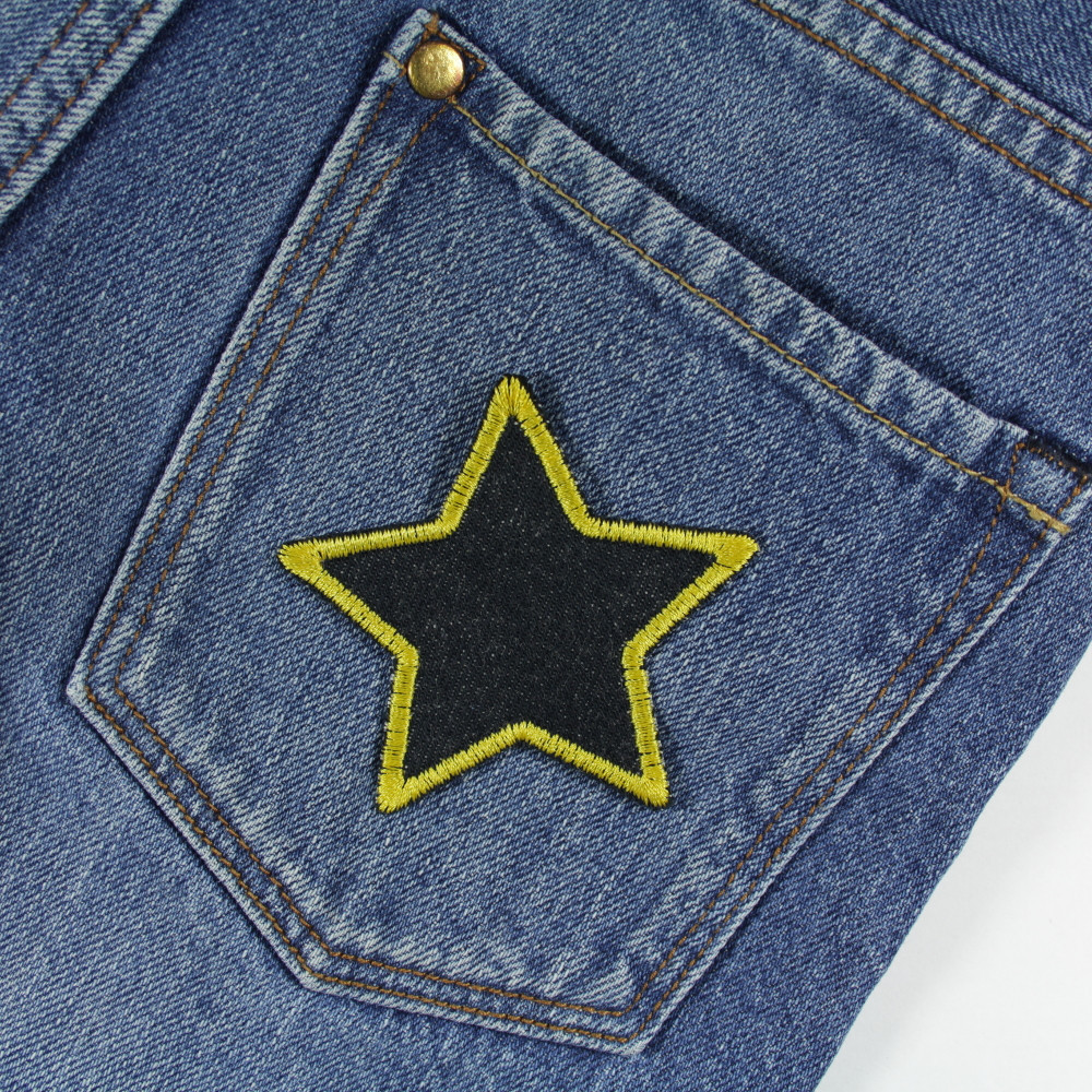 Reperaturflicken 2er Set Sternchen aus Bio Jeans gelb gefasst zum Abdecken kleiner Löcher und Flecken