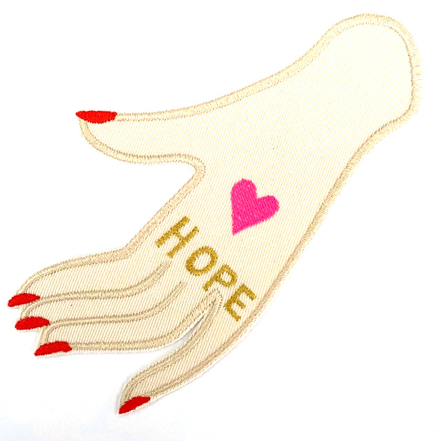 Patch Hand "HOPE" gold gestickt großes Bügelbild auf Bio Canvas für Erwachsene