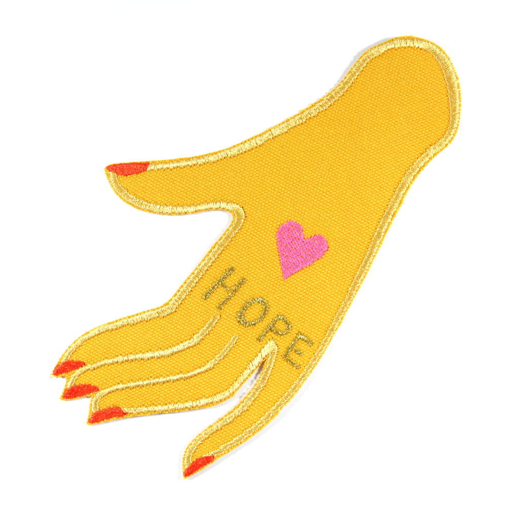 Patch hand "HOPE" large iron-on image gold and neon pink embroidered on yellow organic canvas for adults