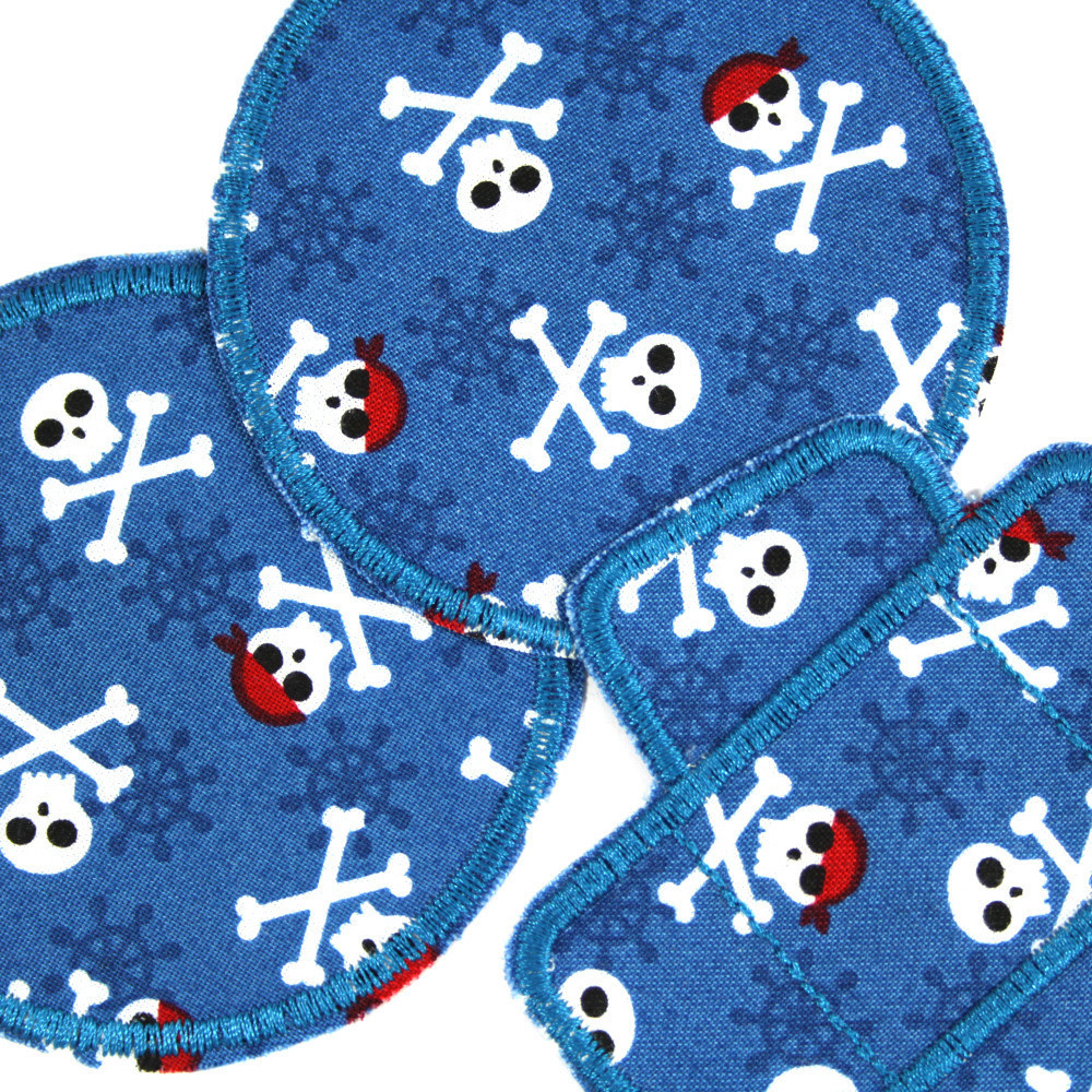 Hosenflicken Piraten Set blau 3 Knieflicken im Skull Set 2 runde Bügelflicken und 1 Pflaster mit Seeräuber Motiv Knochen