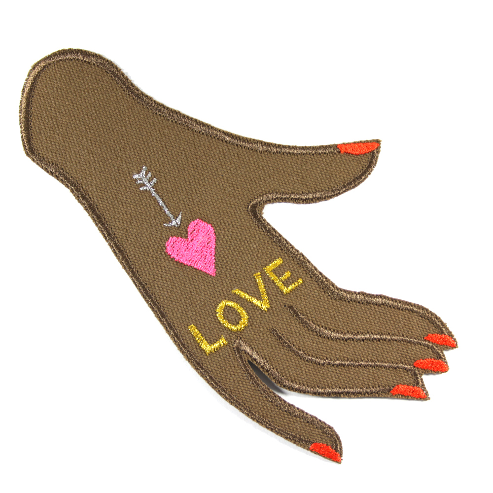 Patch hand "LOVE" large iron-on image gold, silver and neon pink on brown organic canvas for adults