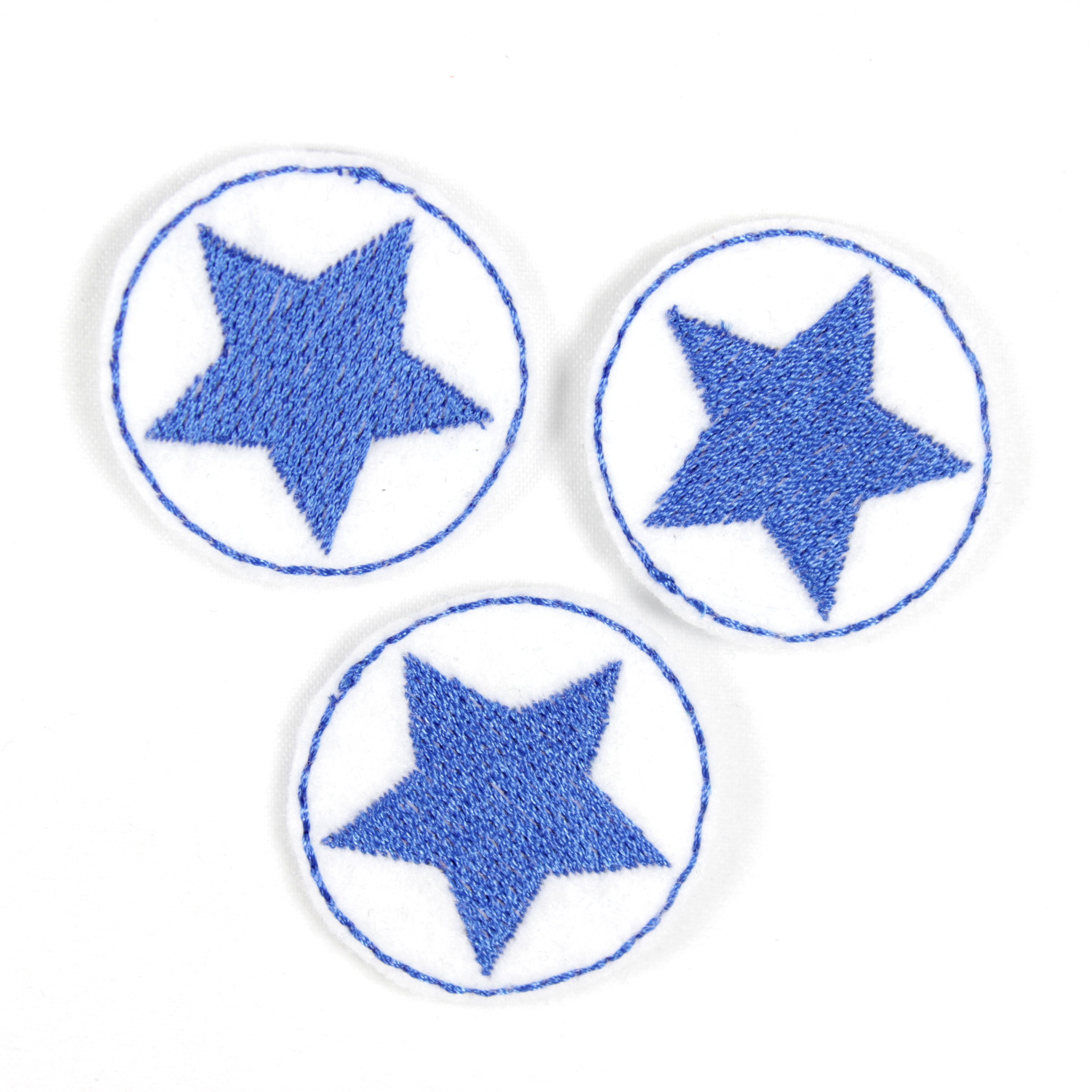 3 Bügelflicken rund weiss Flicken mit blauem Stern