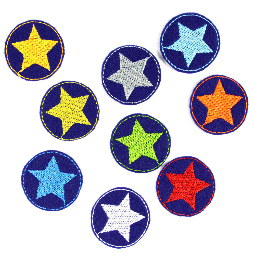 Flicken Stern Set 9 mini Bügelflicken Neon Sternchen Aufbügler bunte kleine Patches Hosenflicken auf blau