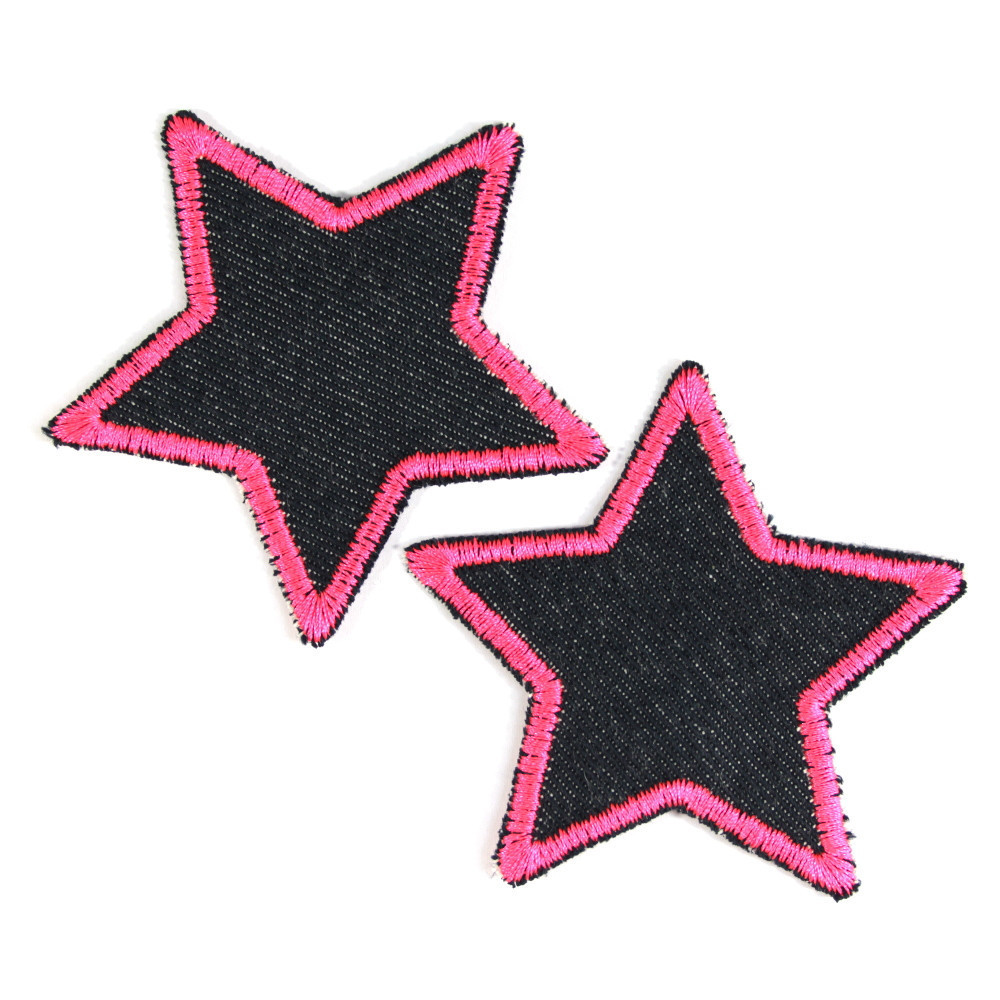Bügelflicken Sterne 2 Flicken Bio blue Jeans Neon rosa pink gefasst 7cm Hosenflicken Aufbügler klein