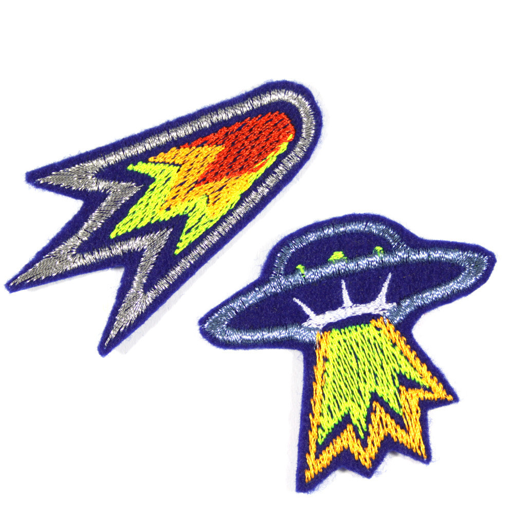 Metallic Patches zum Aufbügeln Ufo und Komet Bügelbilder Weltall mit Neonfarben im Set