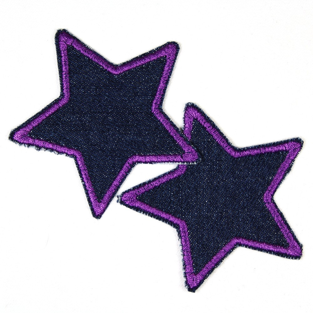 Bügelflicken Sterne 2 Stück auf blue Jeans Aufbügler lila gefasste Flicken 7cm