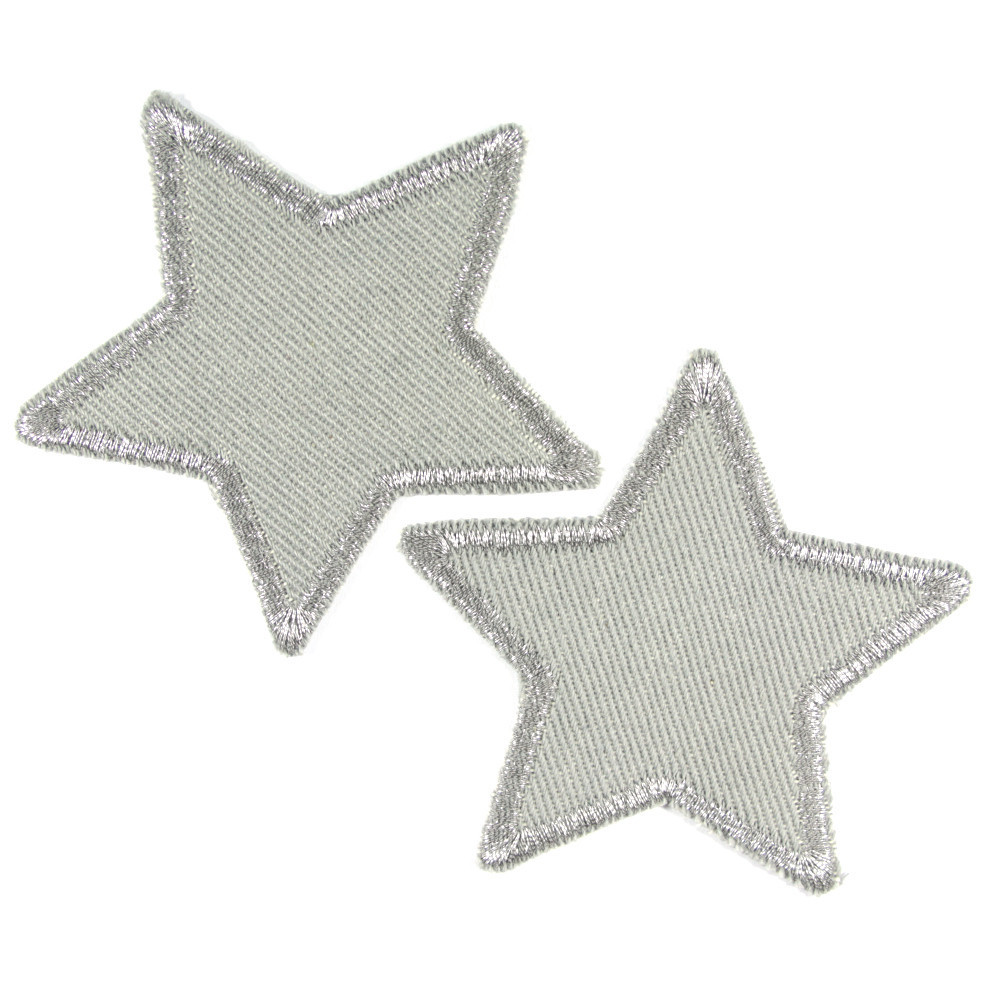 2 Flicken kleine Sterne silber Bügelflicken Applikation aus Bio Baumwolle mit glitzer Rand