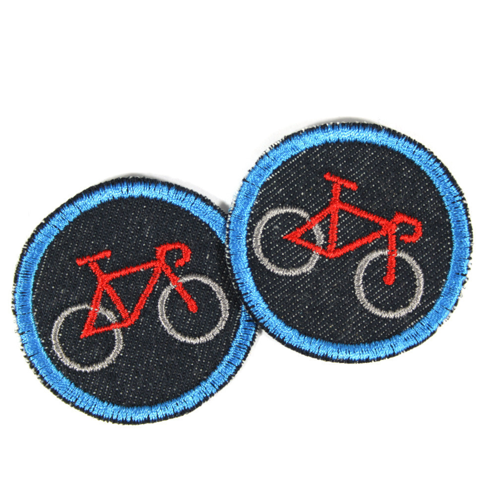 Velo Applikation mini Flicken Fahrrad Bügelbilder rot Fahrzeug Aufnäher Bio Jeans Bügelflicken Denim blau Hosenflicken Aufbügler