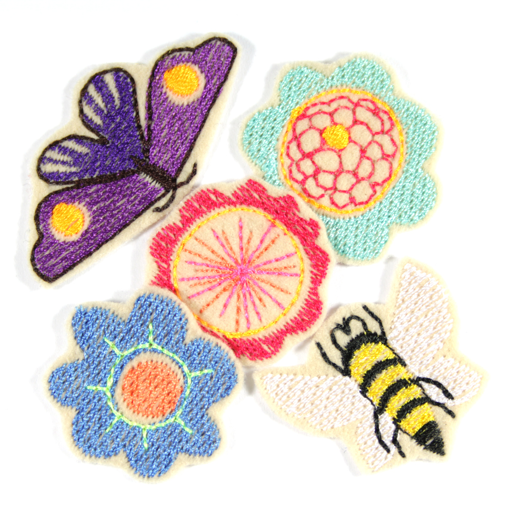 Set Patches Biene, Schmetterling und Blumen kleine Bügelbilder 5 mini Flicken für Kinder