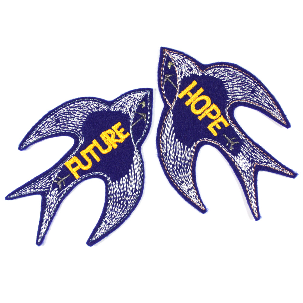 Patches Schwalben "HOPE" und "FUTURE" Bügelbilder für Erwachsene glitzer & neon gelb auf blau