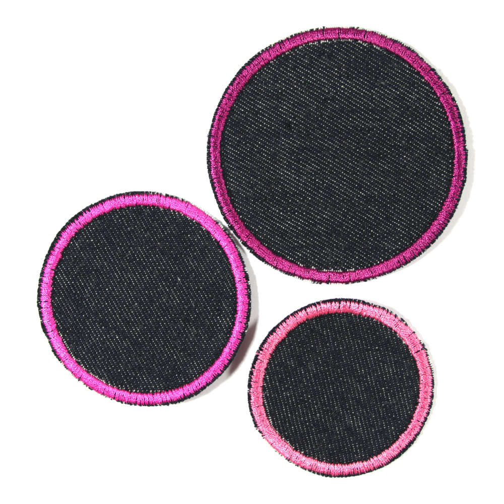 3 Flicken zum aufbügeln rund Jeans dunkelblau mit rosa pink Rand