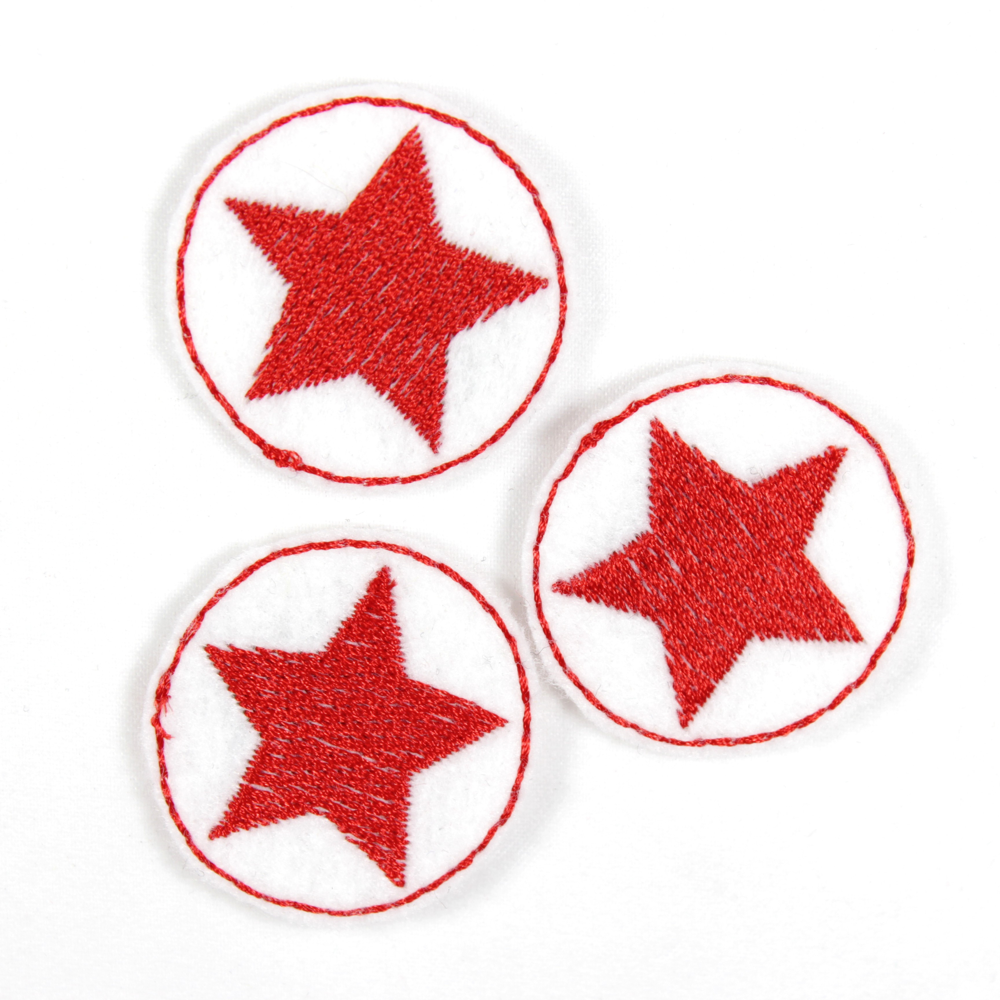 3 kleine Flicken zum aufbügeln weiß Bügelflicken rund Aufbügler bestickt mit Stern rot