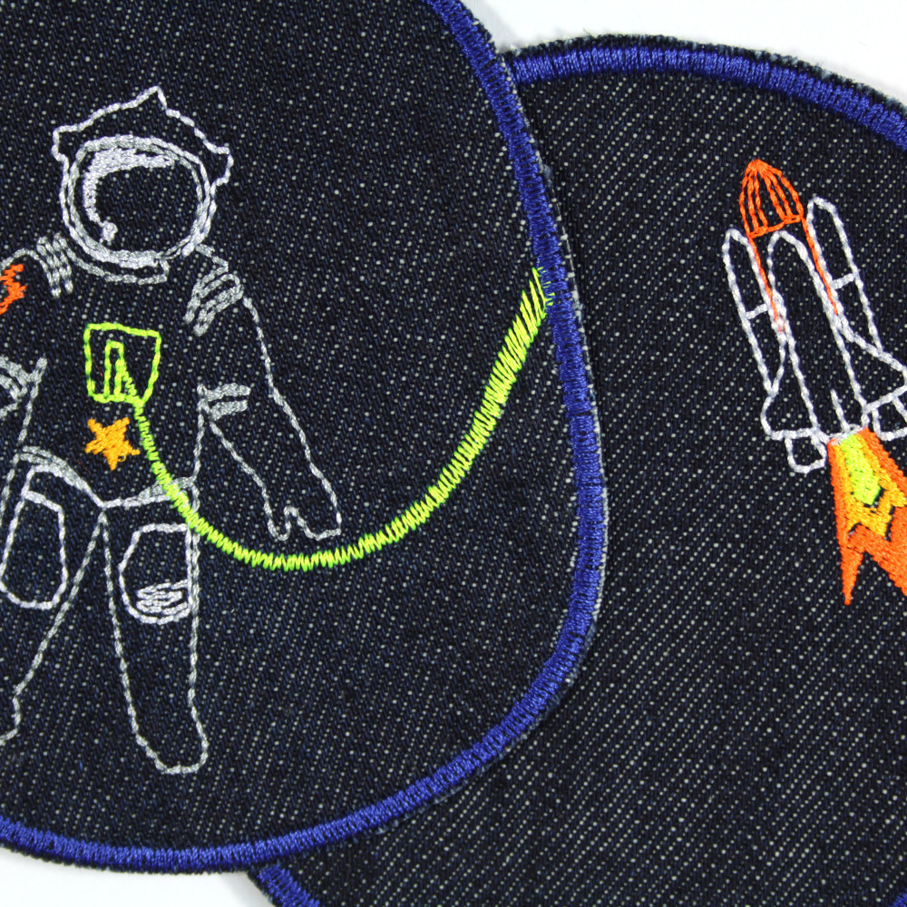 Flicken Astronaut Hosenflicken space shuttle set Bio Jeansflicken Weltraum Bügelflicken XL Knieflicken Raumfahrt Rakete 