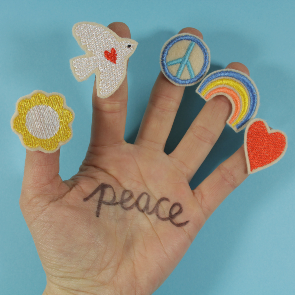 Mini iron-on images dove peace sign heart rainbow and flower patches to iron on in a set