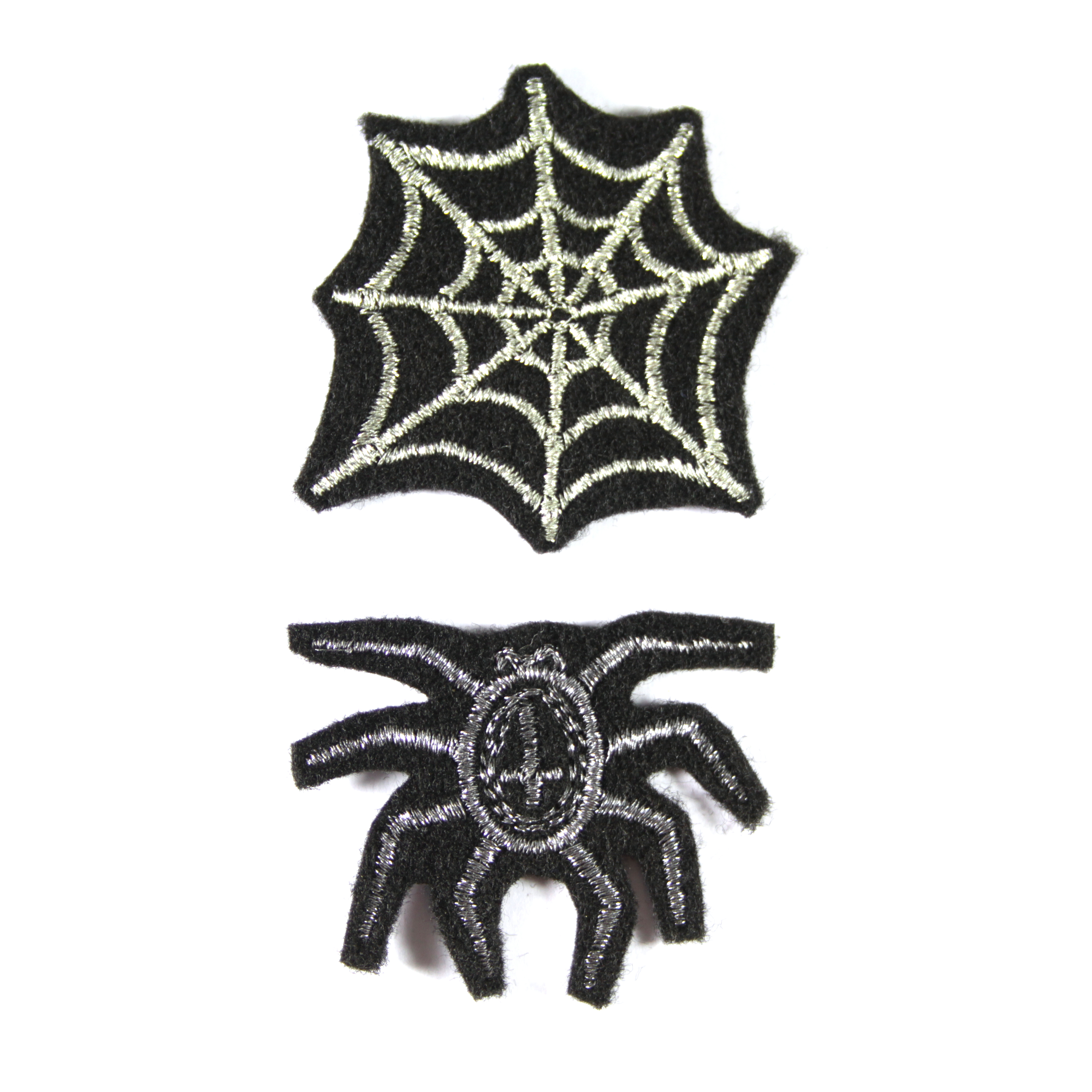 Spider & spider web iron-on images glitter set two mini silver iron-ons spider