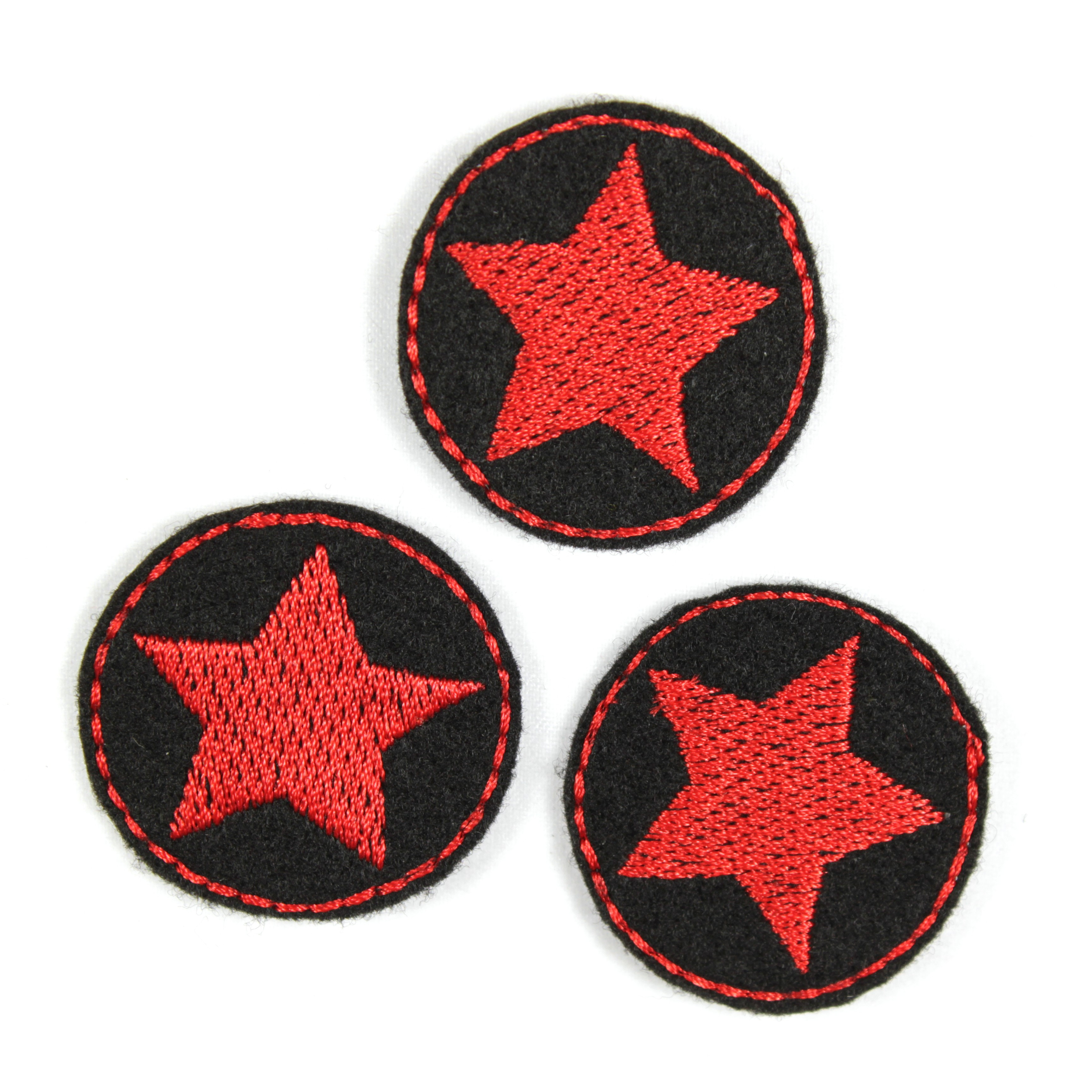 3 Bügelflicken klein rund schwarz Flicken mit Stern rot Aufbügler Bügelbild