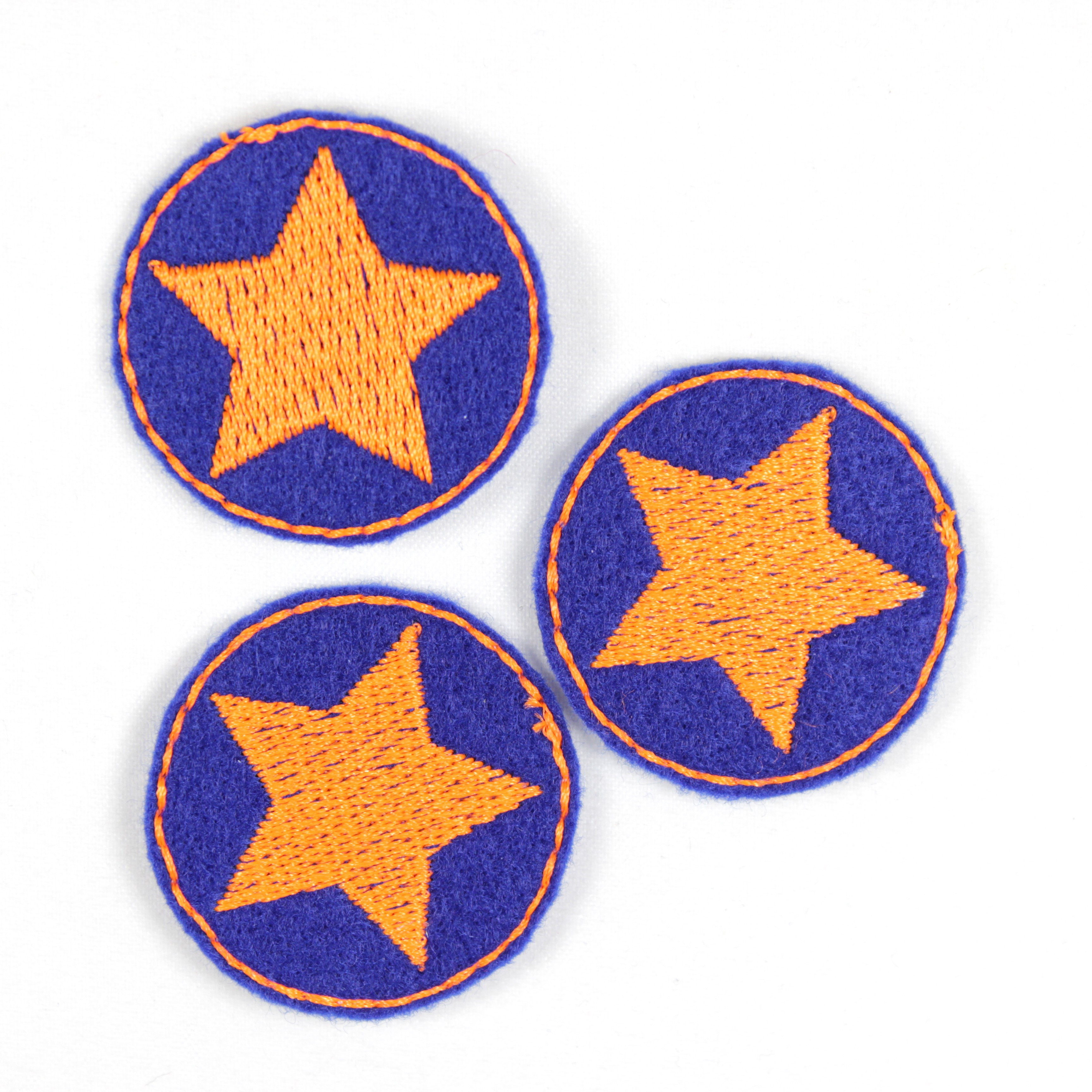 3 kleine Flicken zum aufbügeln rund Bügelflicken mit Stern orange auf blau
