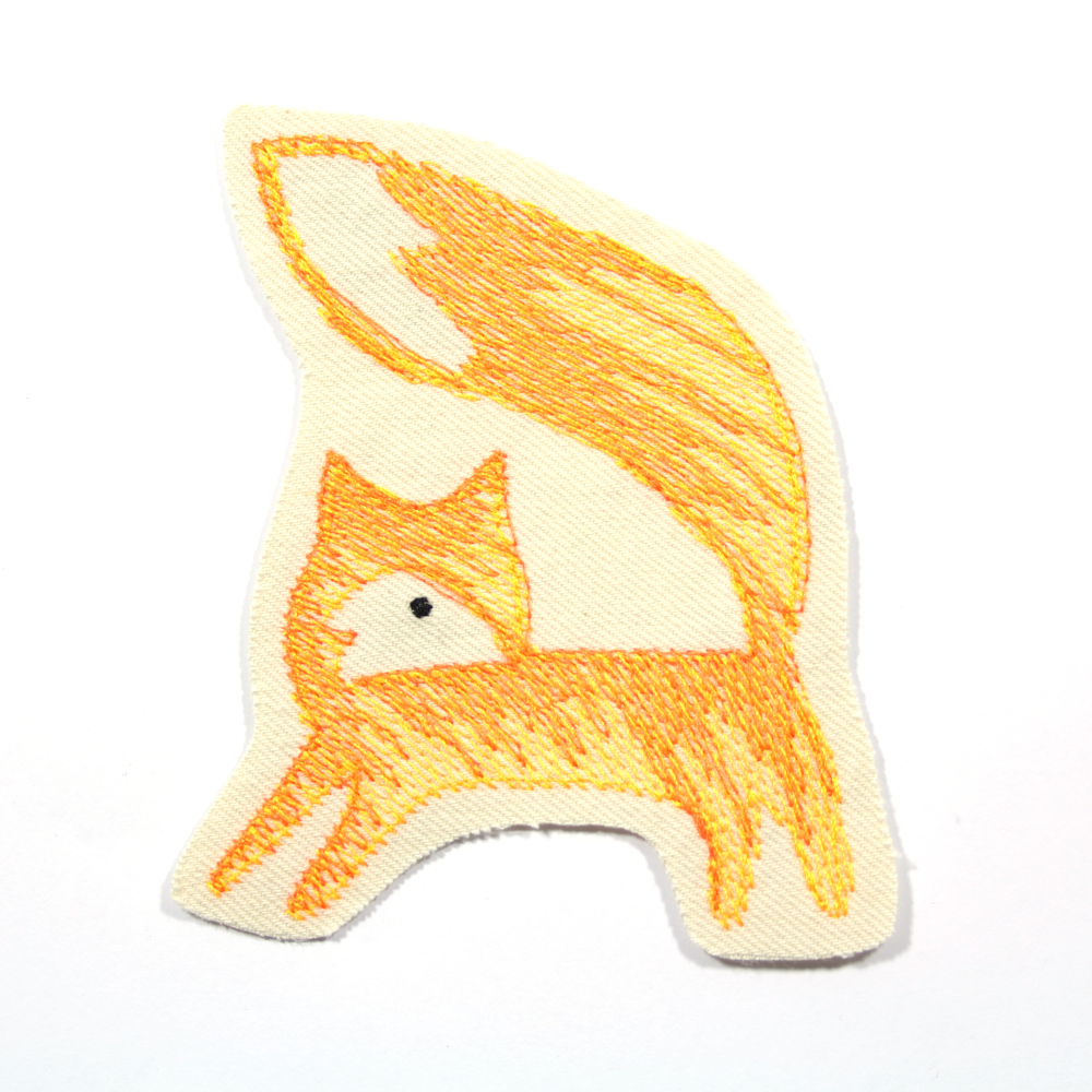 Fox in neon orange embroidered on organic cotton nettle fabric 10 x 8.5 cm