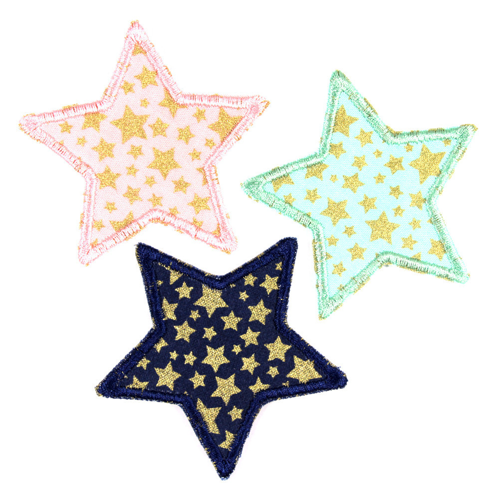 7 cm Sterne Flicken zum aufbügeln für Kinder rosa blau und mint mit goldenen Sternen