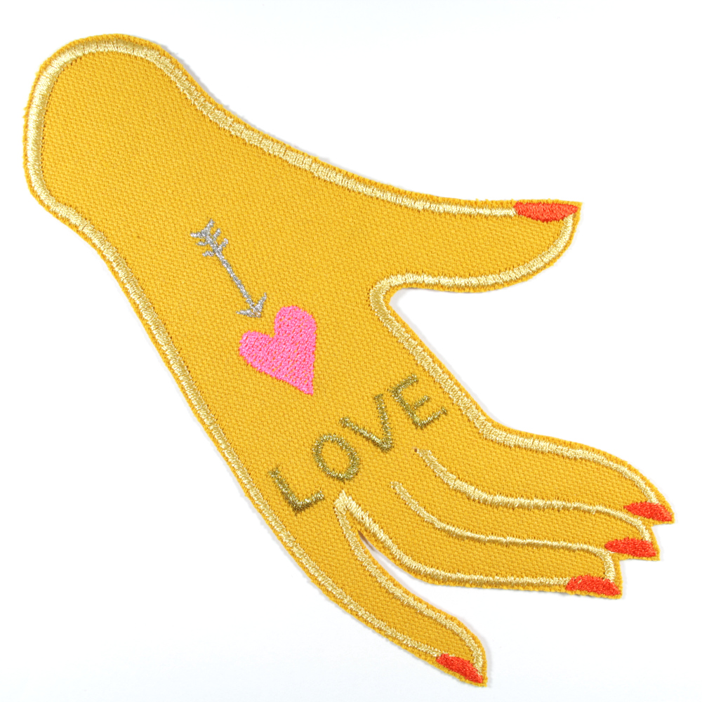 Patch hand "LOVE" large iron-on image gold, silver and neon pink on yellow organic canvas for adults