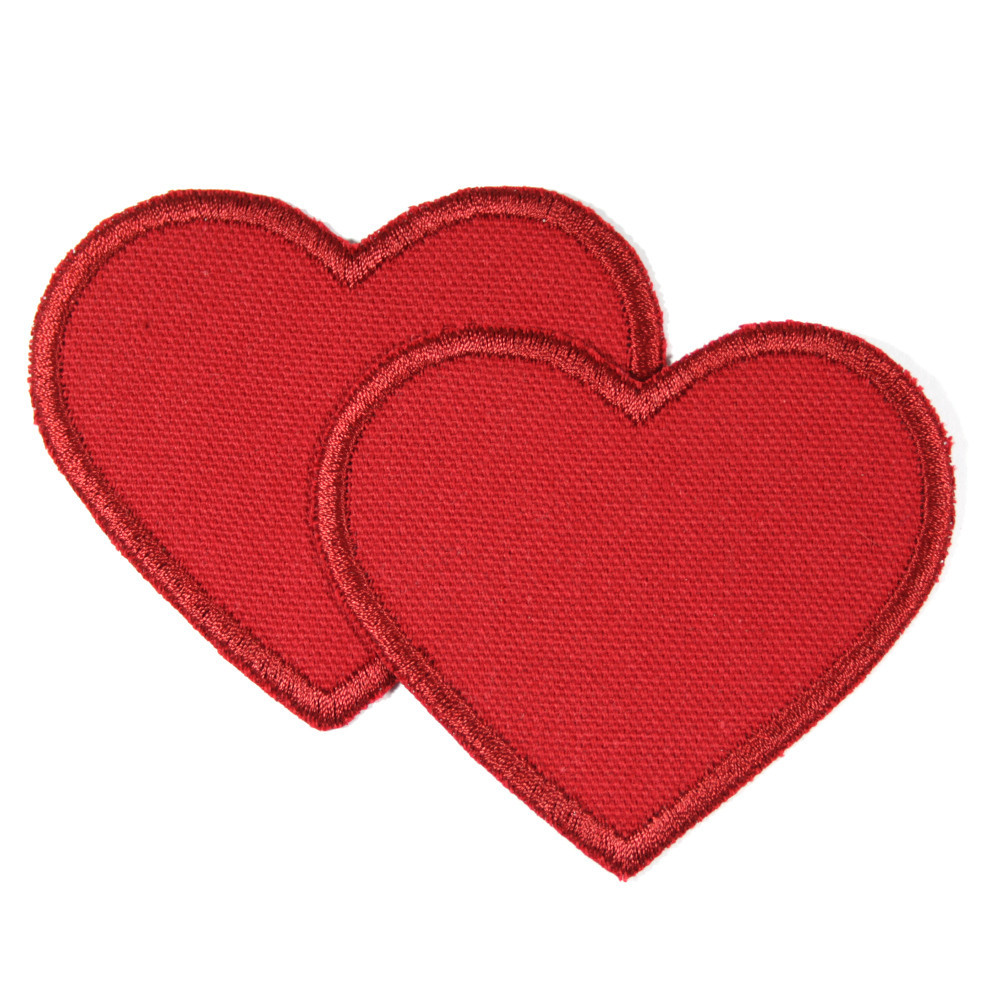 2 Aufbügler Herzen in rot aus Bio Canvas Baumwollstoff mit rot getsicktem Rand