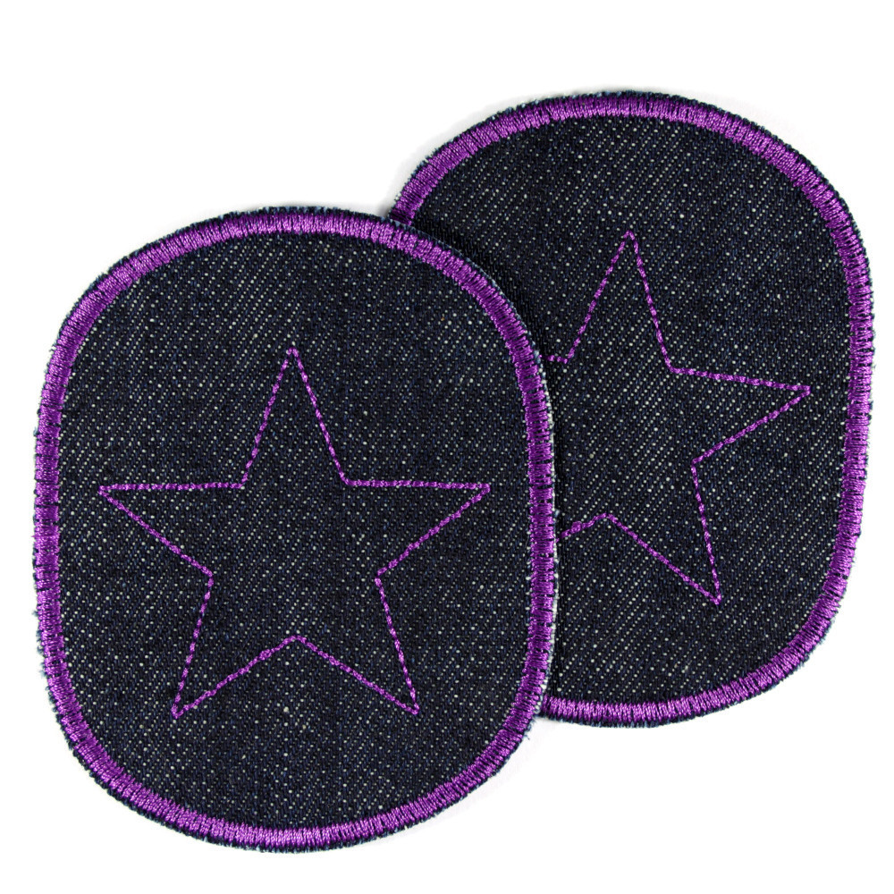 Hosenflicken für Mädchen lila Flicken mit Stern Knieflicken Set 2 Aufbügler Sterne violet auf Bio Jeans gestickt zum Aufbügeln
