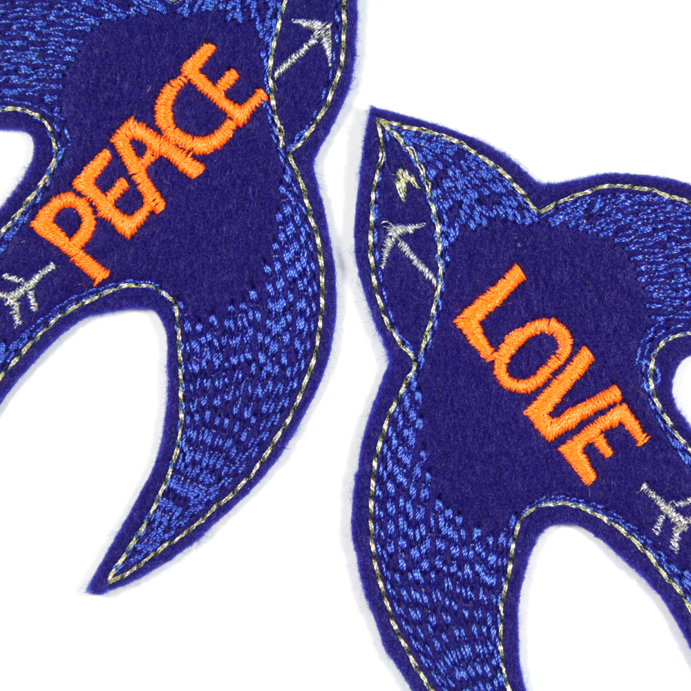 Patches Schwalben "PEACE" und "LOVE" Bügelbilder in blau und neon organge für Erwachsene