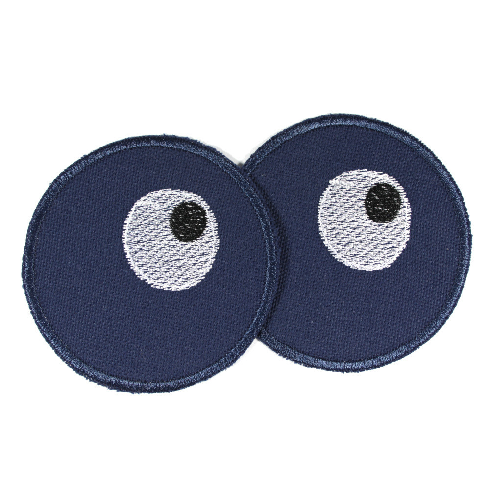 2 runde Bügelflicken aus blauer Bio Baumwolle bestickt mit Augen
