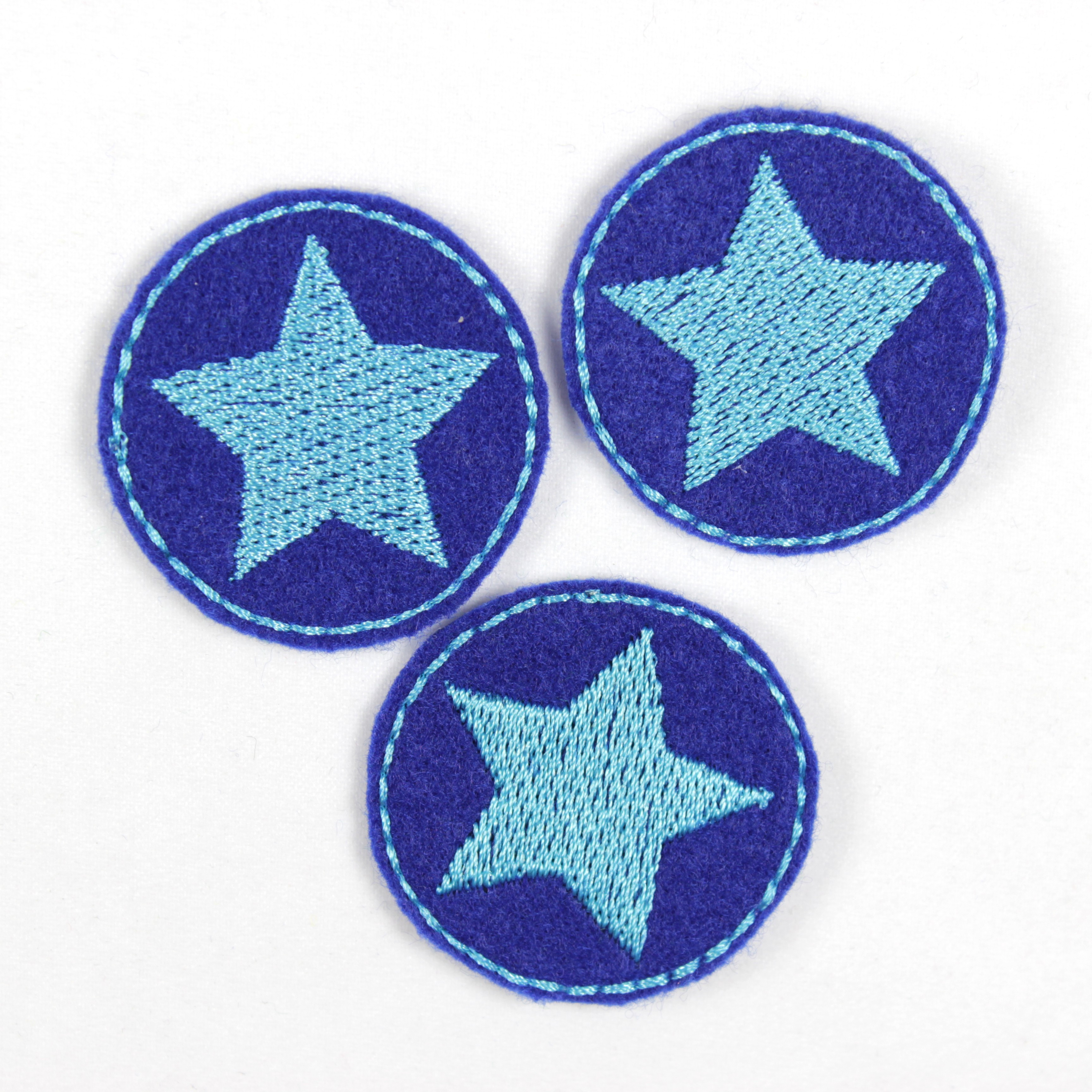 3 kleine Flicken zum aufbügeln blau mit Stern türkis Bügelflicken rund