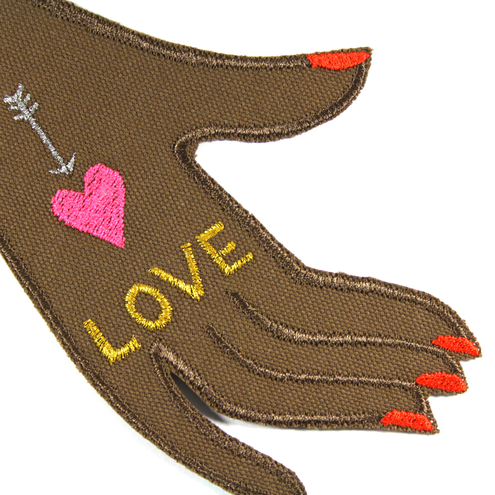 Patch Hand "LOVE" großes Bügelbild gold, silber und neon pink auf braunem Bio Canvas für Erwachsene