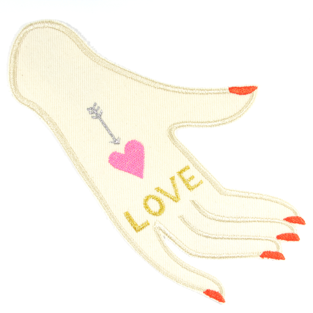Patch Hand "LOVE" großes Bügelbild gold gestickt auf Bio Canvas für Erwachsene